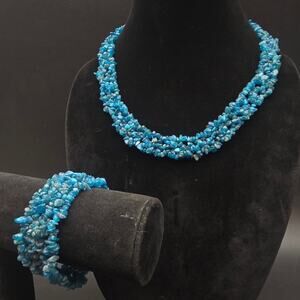 PZO Blue Apatite Necklace Bracelet Set Blue Gemstone Chips 925 Sterling Silver